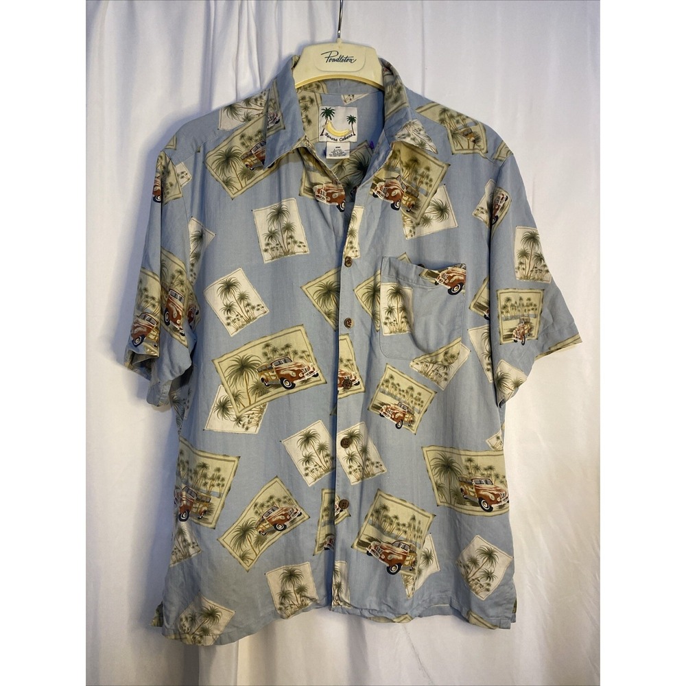 Banana Cabana Hawaiian Shirt Mens Large Blue Silk Excellent Woody Car Tropical